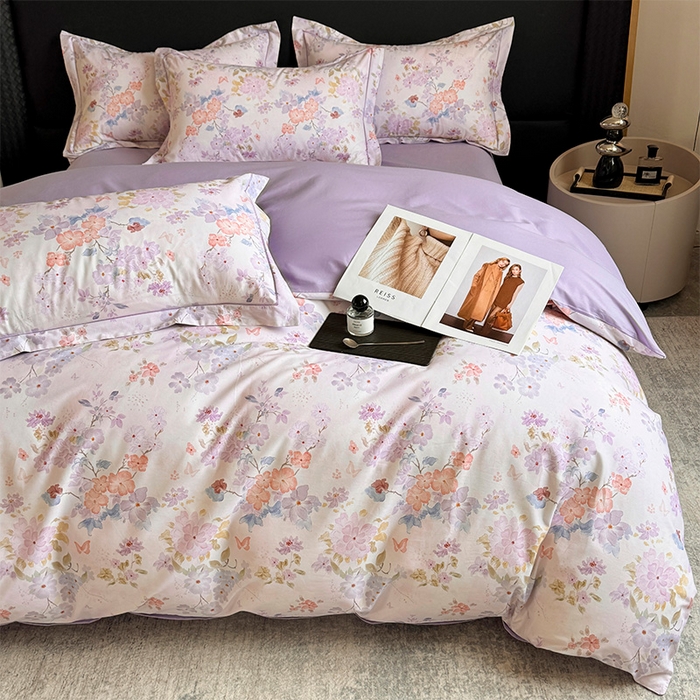 91家纺网 家纺一手货源 找家纺 润锦云 2026春夏新款全棉纯棉13372数码印花四件套 爱恋花环-紫