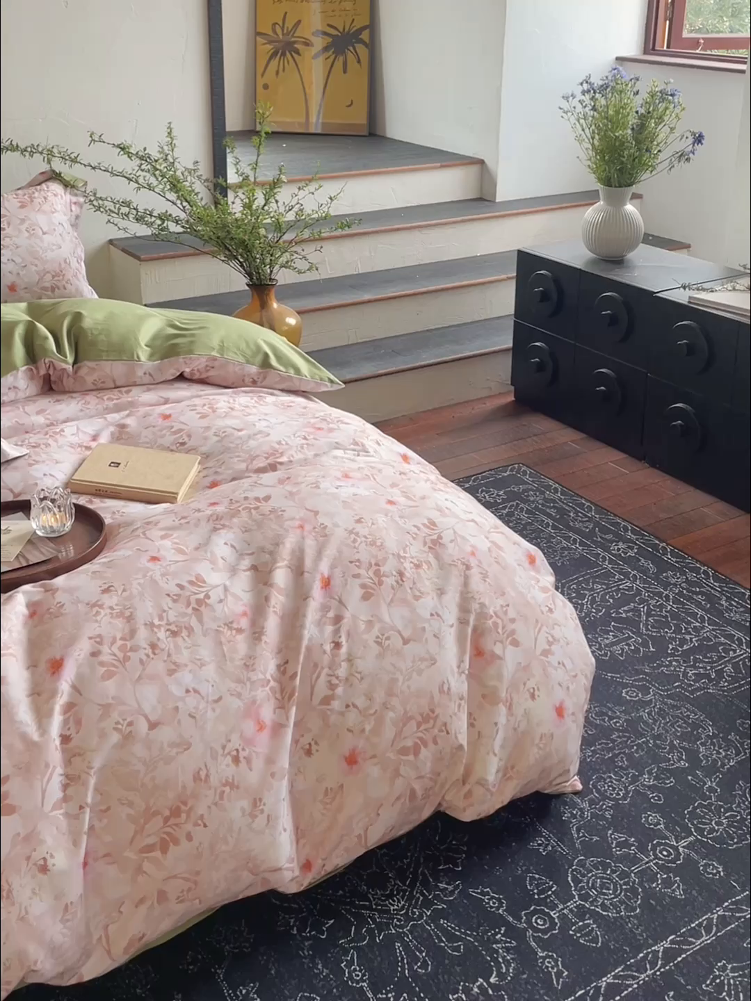 91家纺网 家纺一手货源 找家纺 润锦云 2026春夏新款全棉纯棉13372数码印花四件套 日落花语-灰