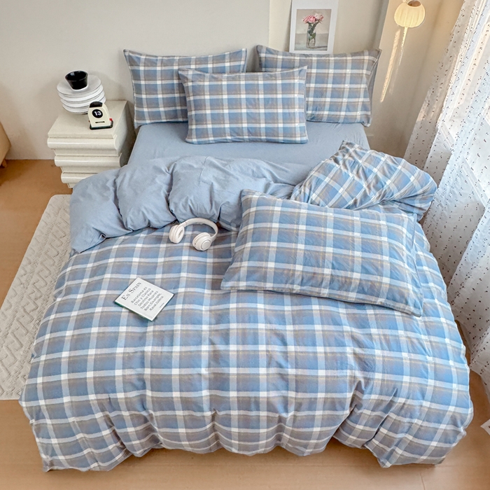 91家纺网 家纺一手货源 找家纺 佑佳家纺 2026新款全棉色织床笠款四件套 简兮-蓝