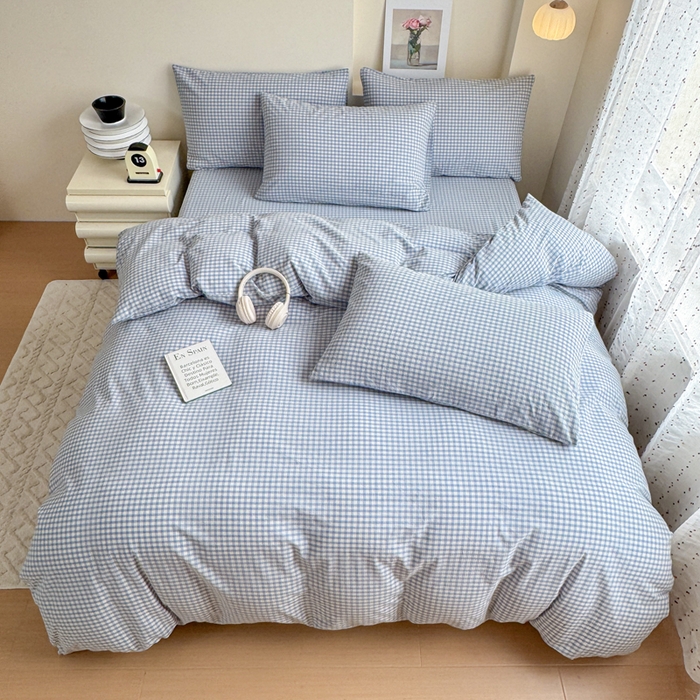 91家纺网 家纺一手货源 找家纺 佑佳家纺 2026新款全棉色织床笠款四件套 蓝小格