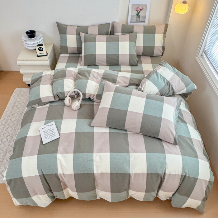 91家纺网 家纺一手货源 找家纺 佑佳家纺 2026新款全棉色织床笠款四件套 绿大格