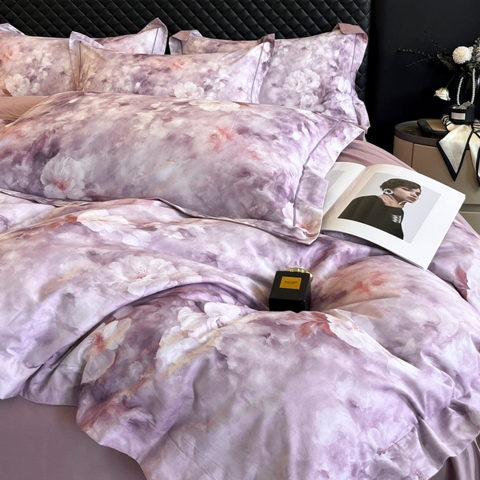 91家纺网 家纺一手货源 找家纺 润锦云 2026新款A类长绒棉纯棉数码印花宽边四件套 暗香疏影