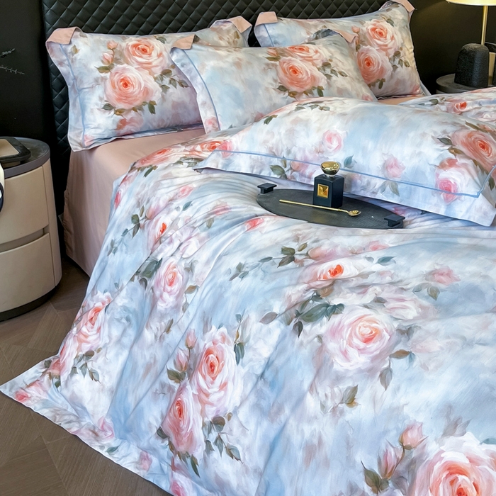 91家纺网 家纺一手货源 找家纺 润锦云 2026新款A类长绒棉纯棉数码印花宽边四件套 玫瑰庄园