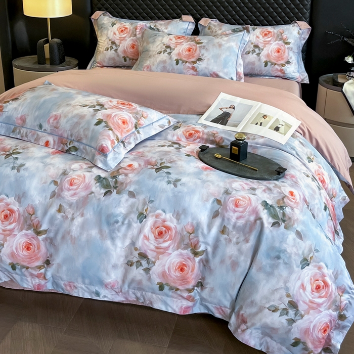 润锦云 2026新款A类长绒棉纯棉数码印花宽边四件套 玫瑰庄园