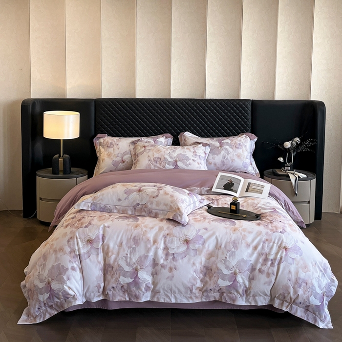 91家纺网 家纺一手货源 找家纺 润锦云 2026新款A类长绒棉纯棉数码印花宽边四件套 叶语悠然