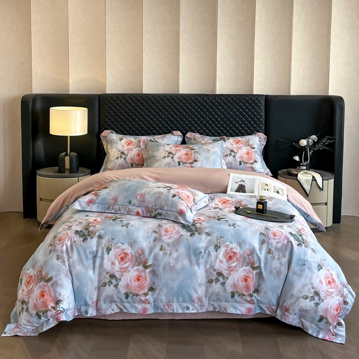 91家纺网 家纺一手货源 找家纺 润锦云 2026新款A类长绒棉纯棉数码印花宽边四件套 玫瑰庄园