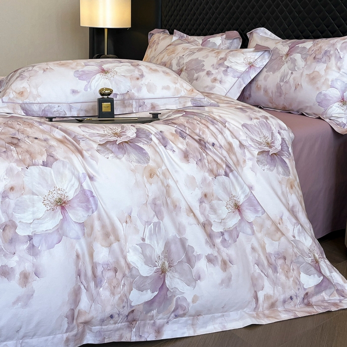 91家纺网 家纺一手货源 找家纺 润锦云 2026新款A类长绒棉纯棉数码印花宽边四件套 叶语悠然