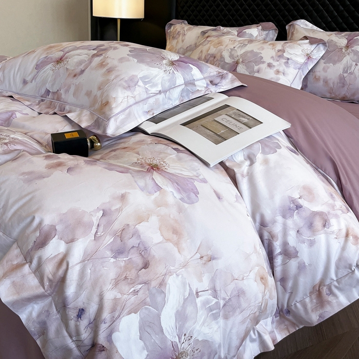 91家纺网 家纺一手货源 找家纺 润锦云 2026新款A类长绒棉纯棉数码印花宽边四件套 叶语悠然