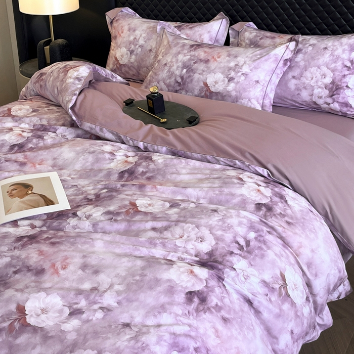 91家纺网 家纺一手货源 找家纺 润锦云 2026新款A类长绒棉纯棉数码印花宽边四件套 暗香疏影