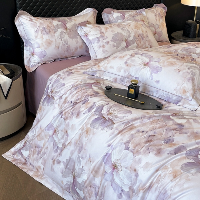 91家纺网 家纺一手货源 找家纺 润锦云 2026新款A类长绒棉纯棉数码印花宽边四件套 叶语悠然