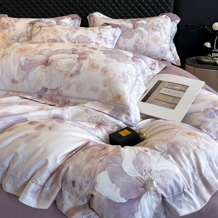 91家纺网 家纺一手货源 找家纺 润锦云 2026新款A类长绒棉纯棉数码印花宽边四件套 叶语悠然