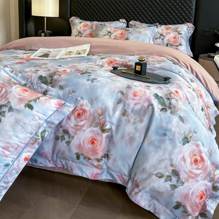 91家纺网 家纺一手货源 找家纺 润锦云 2026新款A类长绒棉纯棉数码印花宽边四件套 玫瑰庄园