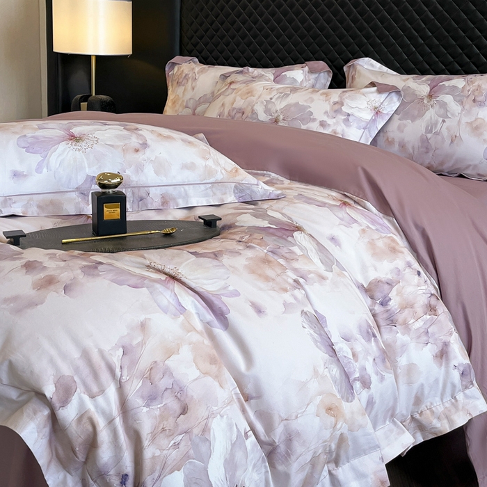 91家纺网 家纺一手货源 找家纺 润锦云 2026新款A类长绒棉纯棉数码印花宽边四件套 叶语悠然