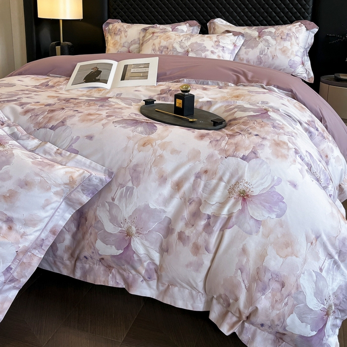 91家纺网 家纺一手货源 找家纺 润锦云 2026新款A类长绒棉纯棉数码印花宽边四件套 叶语悠然