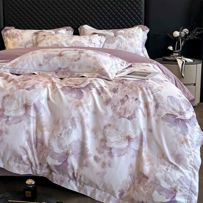 91家纺网 家纺一手货源 找家纺 润锦云 2026新款A类长绒棉纯棉数码印花宽边四件套 叶语悠然