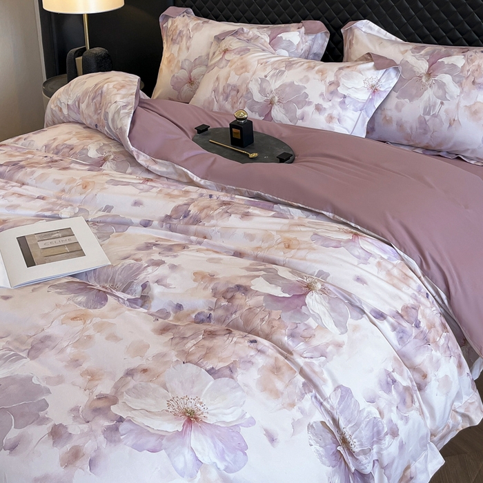 91家纺网 家纺一手货源 找家纺 润锦云 2026新款A类长绒棉纯棉数码印花宽边四件套 叶语悠然