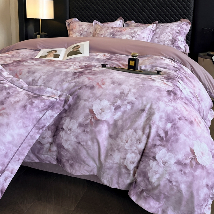 91家纺网 家纺一手货源 找家纺 润锦云 2026新款A类长绒棉纯棉数码印花宽边四件套 暗香疏影