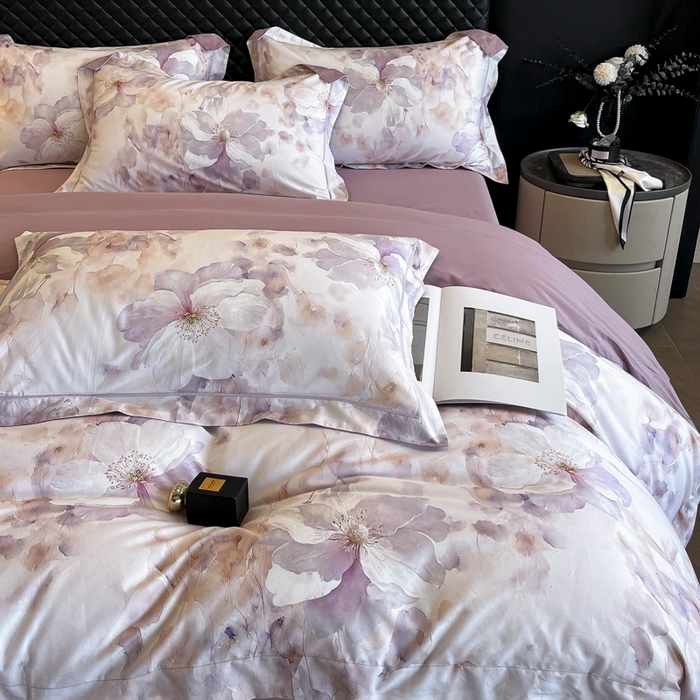 91家纺网 家纺一手货源 找家纺 润锦云 2026新款A类长绒棉纯棉数码印花宽边四件套 叶语悠然