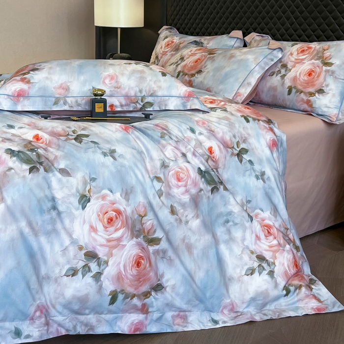 91家纺网 家纺一手货源 找家纺 润锦云 2026新款A类长绒棉纯棉数码印花宽边四件套 玫瑰庄园