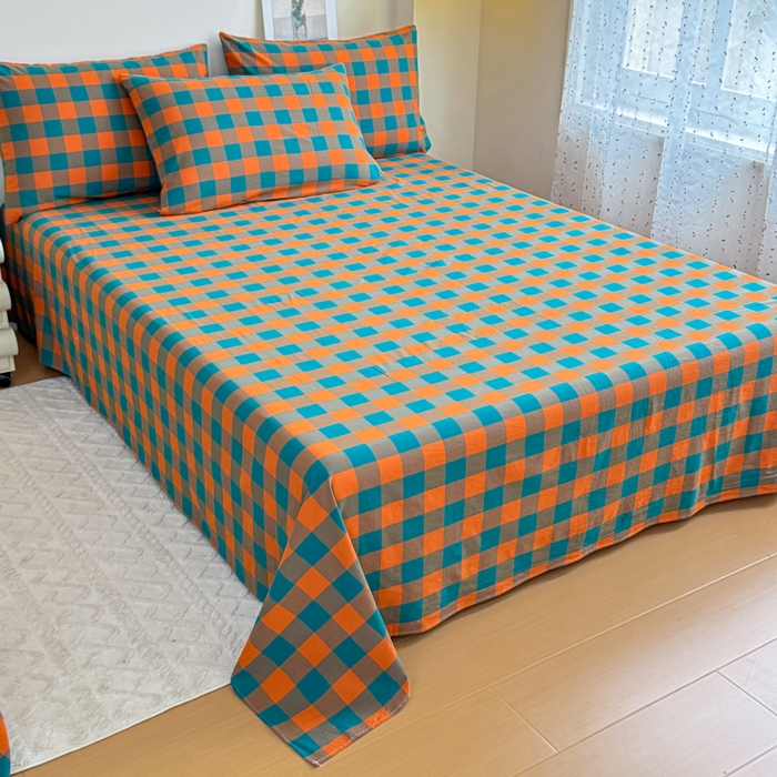 91家纺网 家纺一手货源 找家纺 佑佳家纺 2026新款全棉色织床笠款四件套 橙蓝格