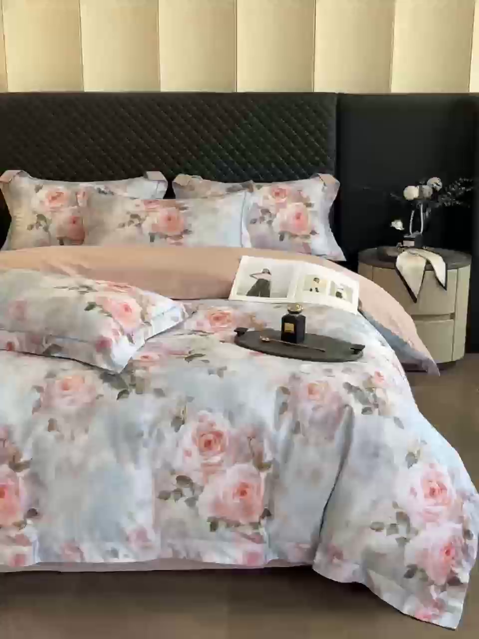 91家纺网 家纺一手货源 找家纺 润锦云 2026新款A类长绒棉纯棉数码印花宽边四件套 叶语悠然