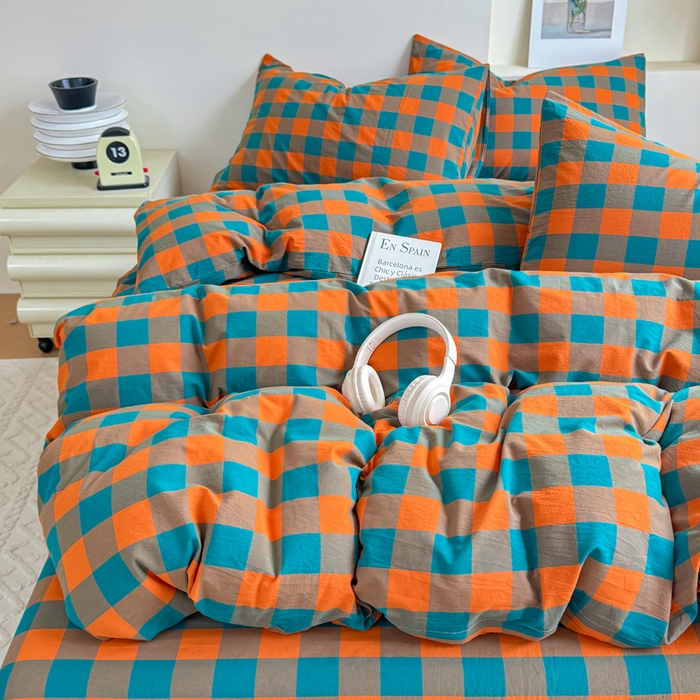 91家纺网 家纺一手货源 找家纺 佑佳家纺 2026新款全棉色织床笠款四件套 橙蓝格