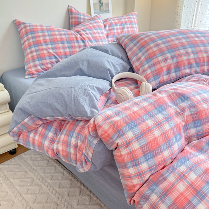 91家纺网 家纺一手货源 找家纺 佑佳家纺 2026新款全棉色织床笠款四件套 嘟嘟柚红