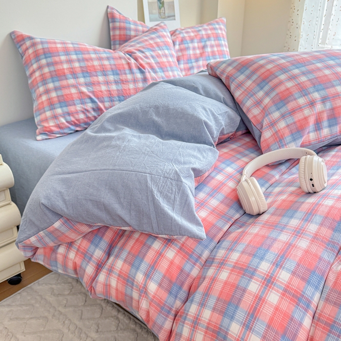 91家纺网 家纺一手货源 找家纺 佑佳家纺 2026新款全棉色织床笠款四件套 嘟嘟柚红