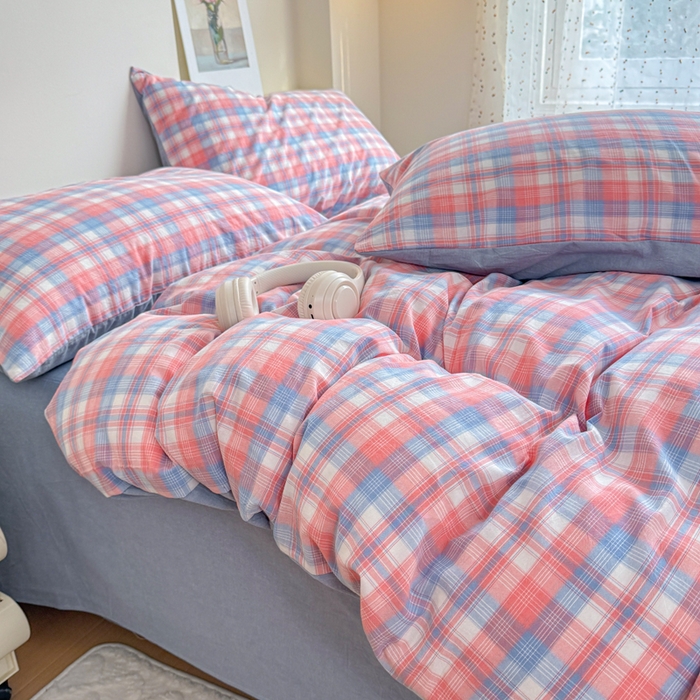 91家纺网 家纺一手货源 找家纺 佑佳家纺 2026新款全棉色织床笠款四件套 嘟嘟柚红