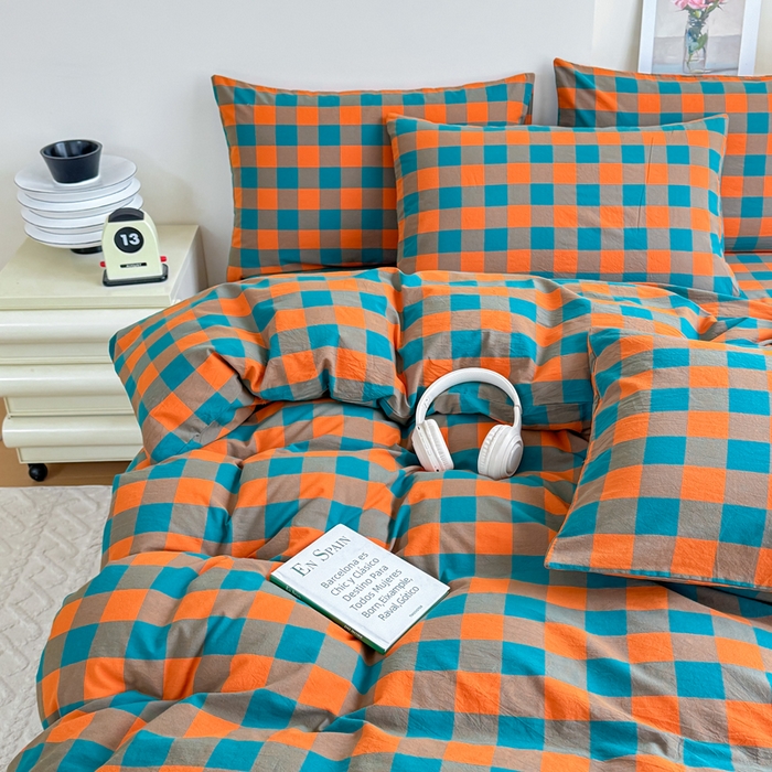 91家纺网 家纺一手货源 找家纺 佑佳家纺 2026新款全棉色织水洗棉四件套 橙蓝格