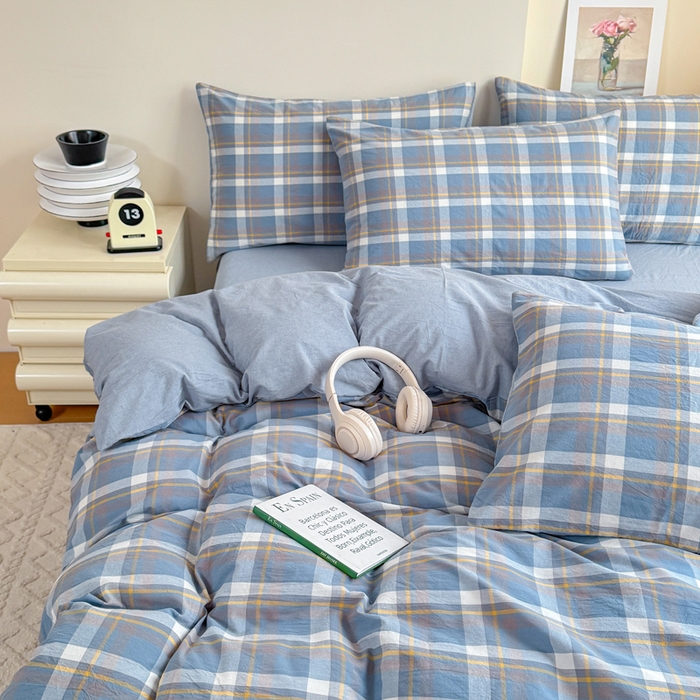 91家纺网 家纺一手货源 找家纺 佑佳家纺 2026新款全棉色织水洗棉四件套 简兮-蓝