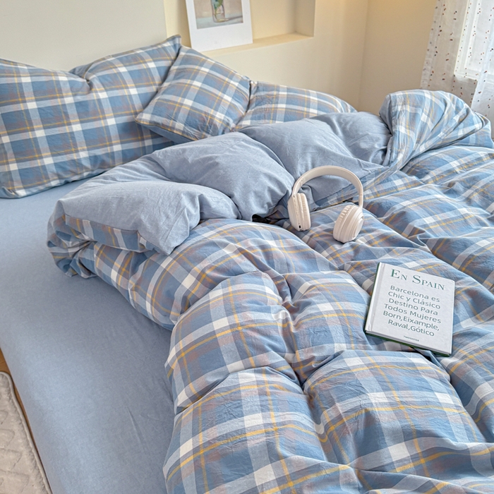 91家纺网 家纺一手货源 找家纺 佑佳家纺 2026新款全棉色织床笠款四件套 简兮-蓝