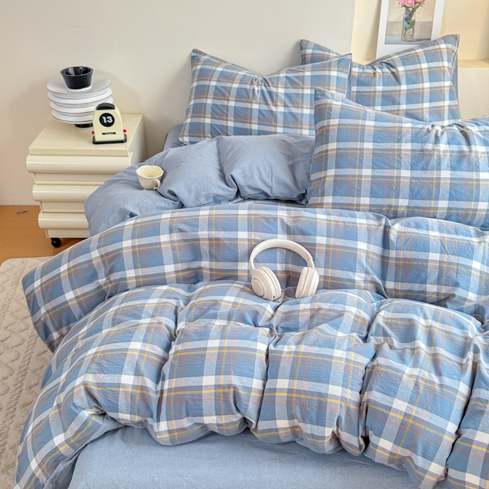 91家纺网 家纺一手货源 找家纺 佑佳家纺 2026新款全棉色织床笠款四件套 简兮-蓝