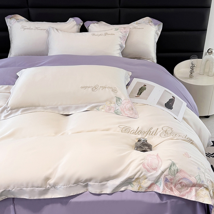 润锦云 2026新款时髦A类精品刺绣四件套 奶昔白-紫