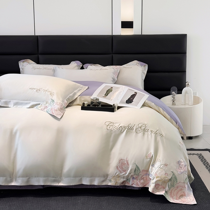 91家纺网 家纺一手货源 找家纺 润锦云 2026新款时髦A类精品刺绣四件套 奶昔白-紫