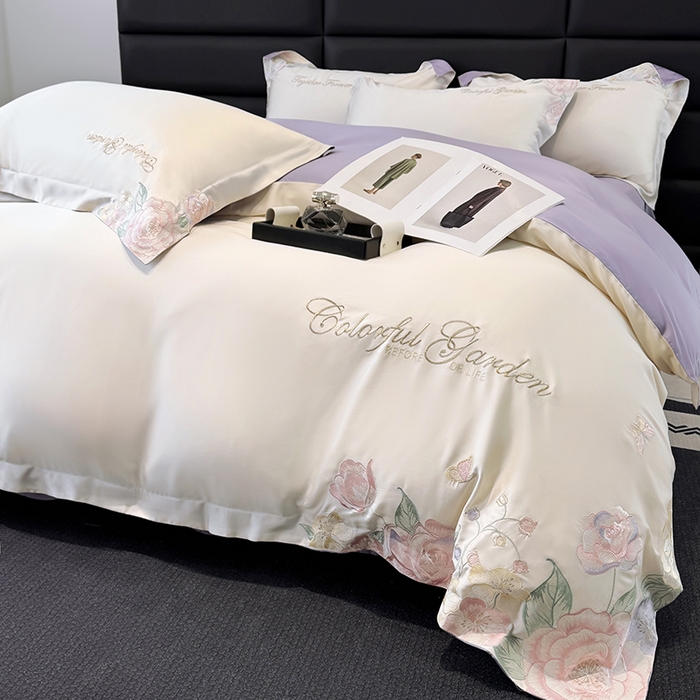 91家纺网 家纺一手货源 找家纺 润锦云 2026新款时髦A类精品刺绣四件套 奶昔白-紫