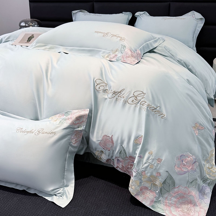 91家纺网 家纺一手货源 找家纺 润锦云 2026新款时髦A类精品刺绣四件套 天空蓝