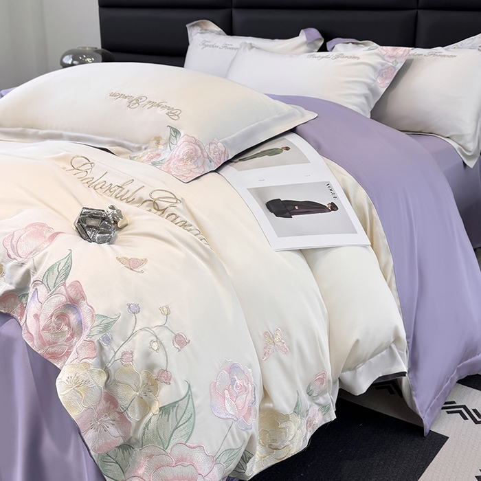 91家纺网 家纺一手货源 找家纺 润锦云 2026新款时髦A类精品刺绣四件套 奶昔白-紫