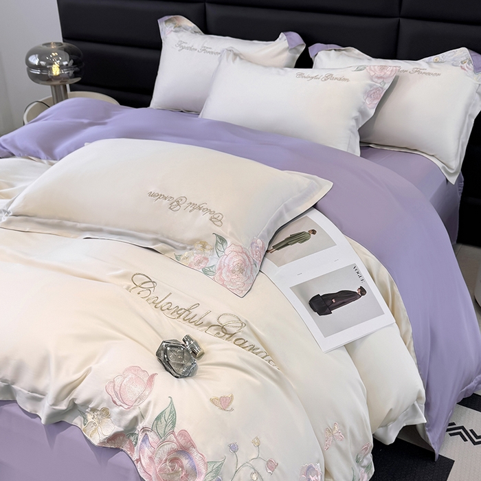 91家纺网 家纺一手货源 找家纺 润锦云 2026新款时髦A类精品刺绣四件套 奶昔白-紫