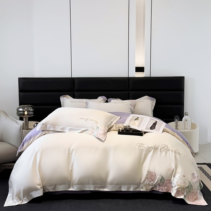 91家纺网 家纺一手货源 找家纺 润锦云 2026新款时髦A类精品刺绣四件套 奶昔白-紫