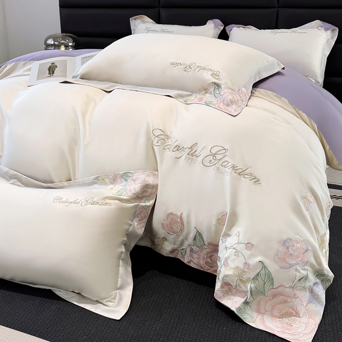 91家纺网 家纺一手货源 找家纺 润锦云 2026新款时髦A类精品刺绣四件套 奶昔白-紫