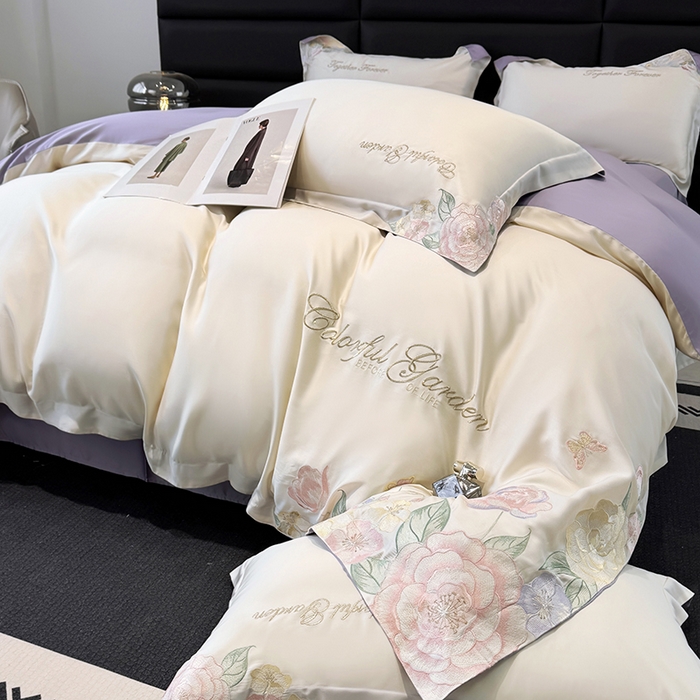 91家纺网 家纺一手货源 找家纺 润锦云 2026新款时髦A类精品刺绣四件套 奶昔白-紫