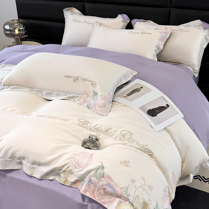 91家纺网 家纺一手货源 找家纺 润锦云 2026新款时髦A类精品刺绣四件套 奶昔白-紫