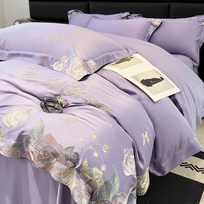 91家纺网 家纺一手货源 找家纺 润锦云 2026新款时髦A类精品刺绣四件套 优雅紫