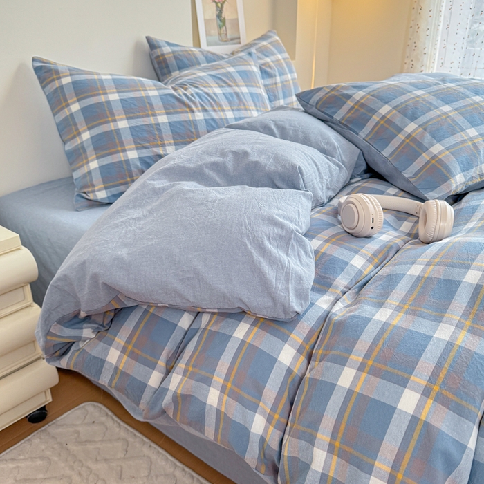 91家纺网 家纺一手货源 找家纺 佑佳家纺 2026新款全棉色织床笠款四件套 简兮-蓝