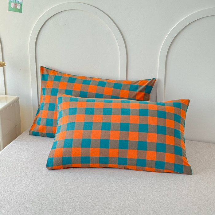 91家纺网 家纺一手货源 找家纺 佑佳家纺 2026新款全棉色织水洗棉四件套 橙蓝格