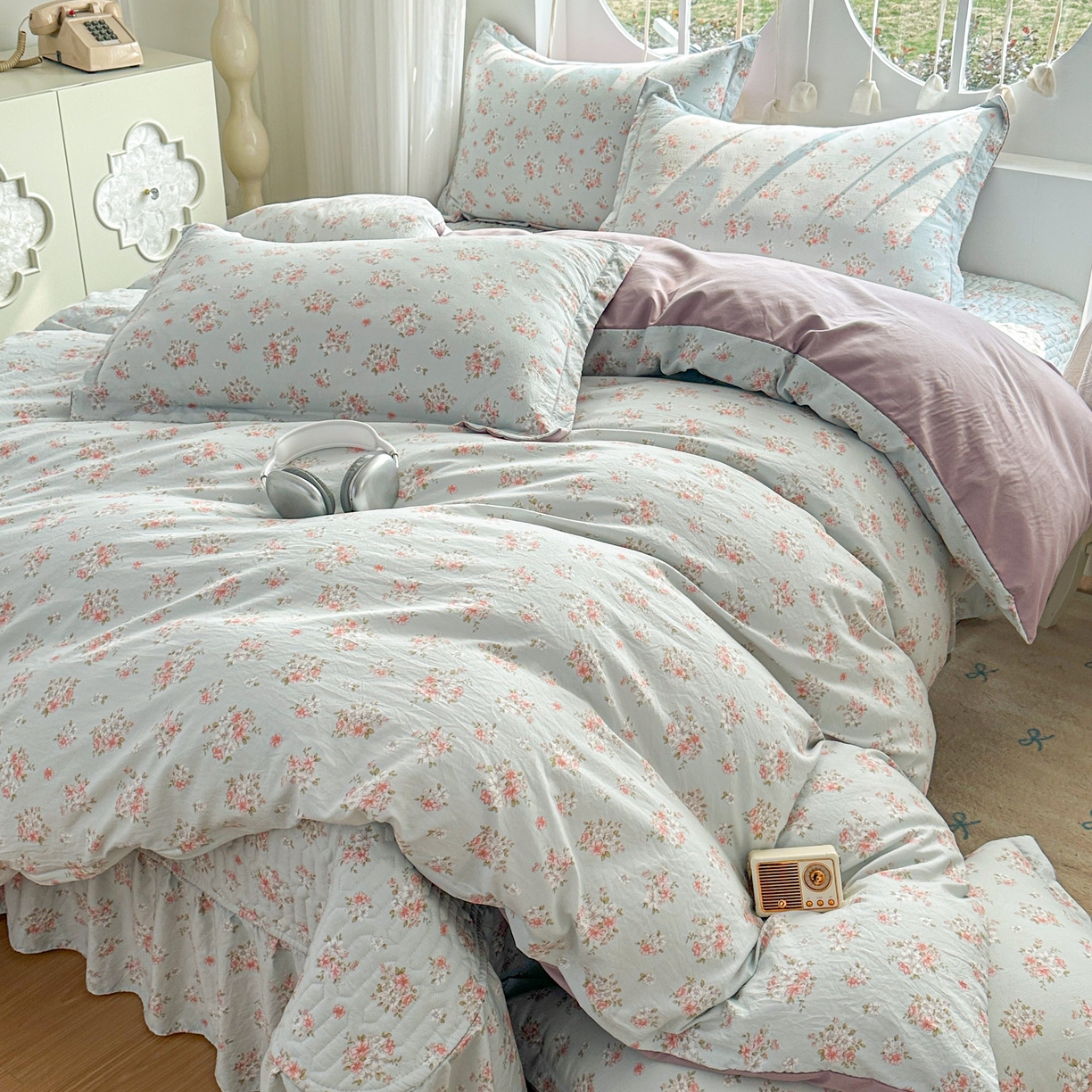 花满路 2026新款床盖四件套 薄荷花