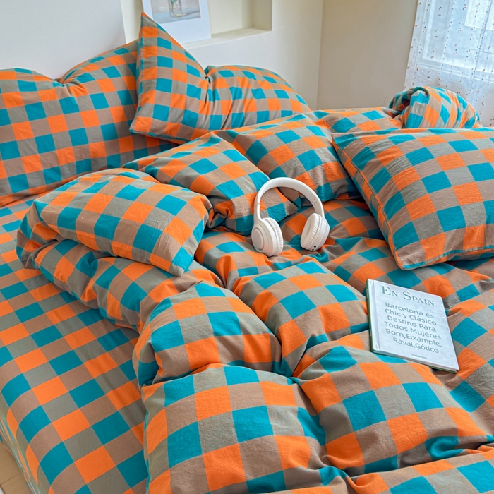 91家纺网 家纺一手货源 找家纺 佑佳家纺 2026新款全棉色织水洗棉四件套 橙蓝格