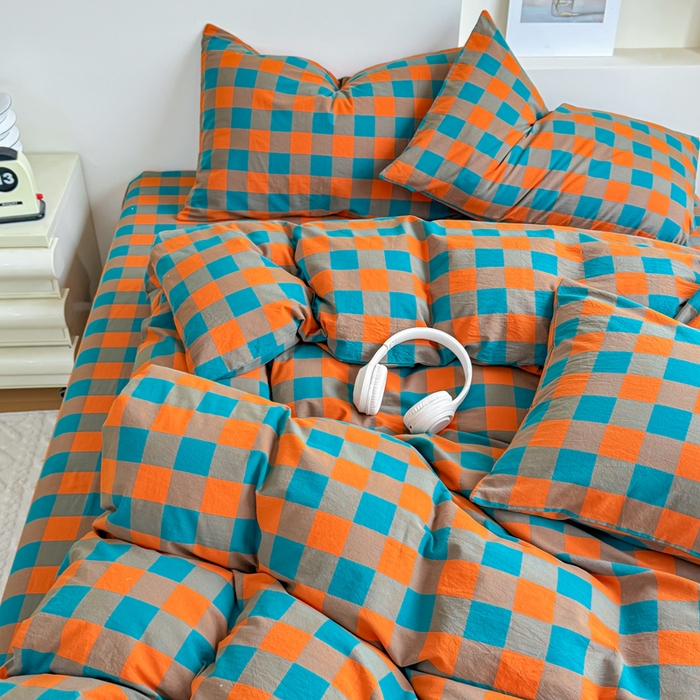 91家纺网 家纺一手货源 找家纺 佑佳家纺 2026新款全棉色织水洗棉四件套 橙蓝格