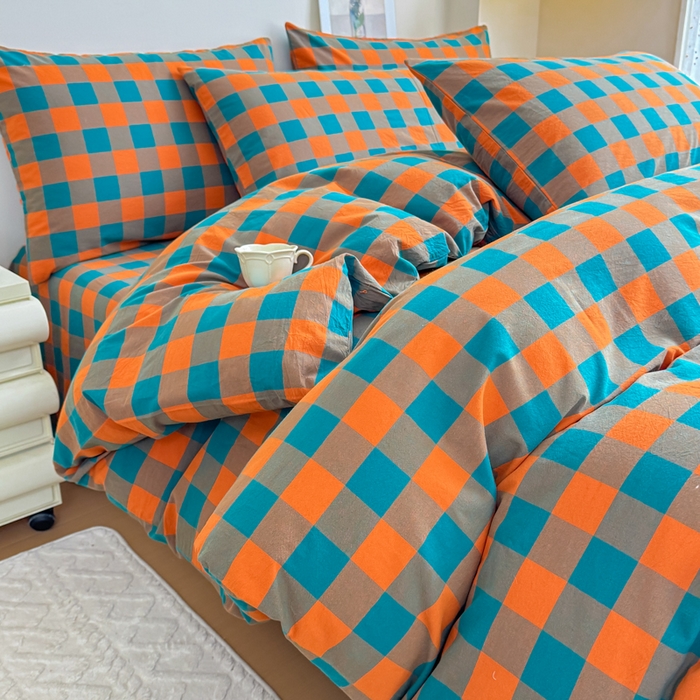 91家纺网 家纺一手货源 找家纺 佑佳家纺 2026新款全棉色织水洗棉四件套 橙蓝格